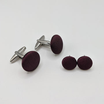 Eleganten komplet manšetnih gumbov in uhanov iz iste  vijolične dizajnerske tkanine.